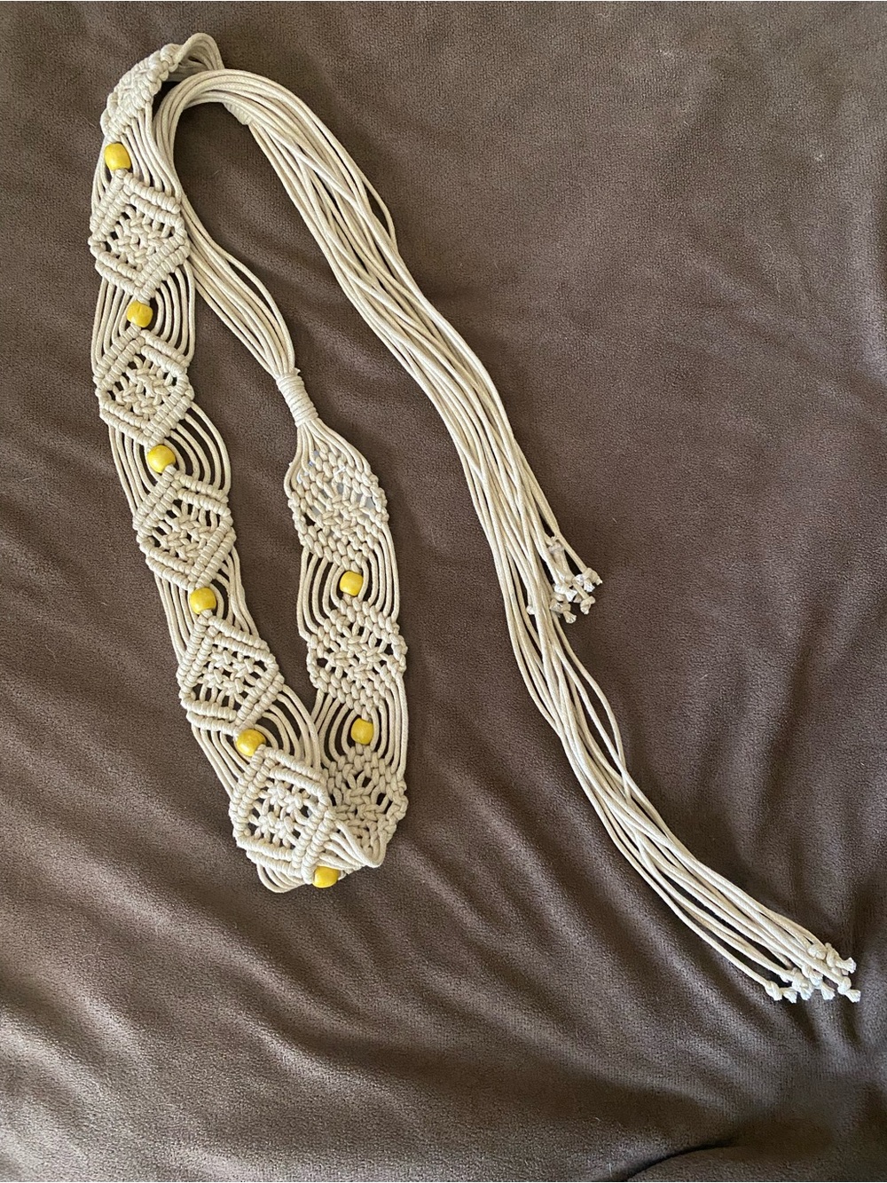 NWT Macrame Tie Belt Cream Yellow Wood Beaded Boho Hippie 70s Fringe